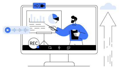 Online learning, digital marketing, video tutorials, webinar hosting, virtual meetings, team collaborations. A presenter explains chart data on a screen during recording. Online learning and digital