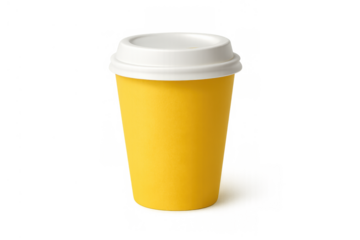 Yellow disposable paper coffee cup with white lid, takeaway beverage packaging for hot drinks, transparent background