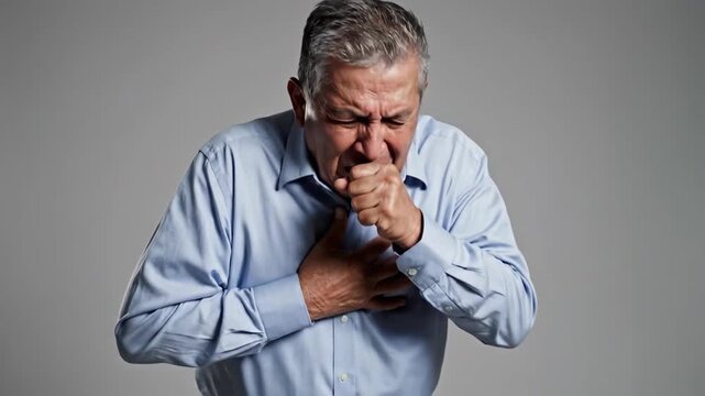 Elderly Man Coughing, Showing Symptoms of an Illness, in a Series of Frames