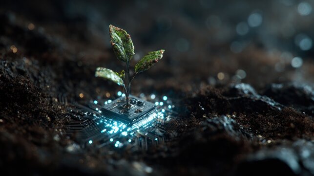 Emerging Technology: A Plant Grows from a Circuit Board Showcase of Nature and Innovation