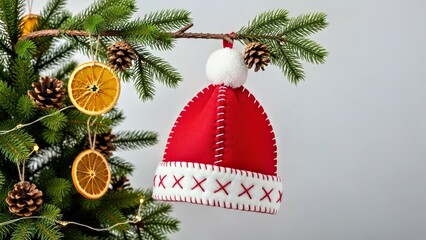 Christmas Tree Decorations: Red Santa Hat, Orange Slice, Pinecones