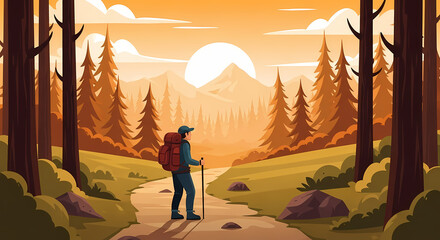 A stylized, warm-toned illustration of a peaceful forest during autumn or fall. The scene features tall trees with orange and yellow foliage lining a winding dirt path