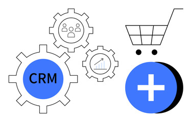 CRM concept. CRM highlighted with gear icons, shopping cart, and analytics chart customer management and growth. CRM improves sales, eCommerce integration, marketing, and analytics