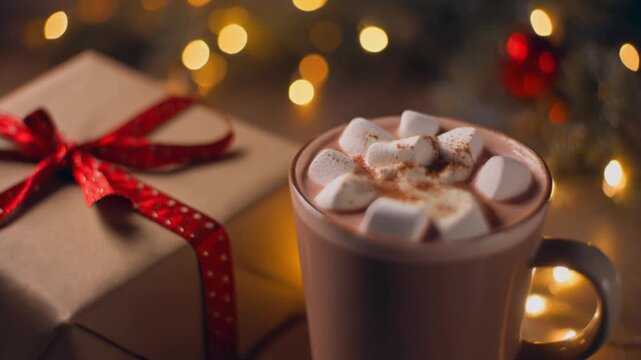 A warm cup of hot chocolate with marshmallows next to a wrapped Christmas gift adorned with a red ribbon, set against a cozy background with soft lights. Perfect for Christmas, Merry Christmas, gift