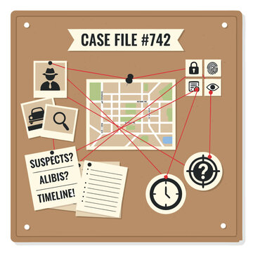Detective Case File Board with Clues and Evidence.
