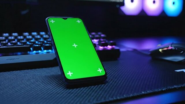 Smartphone with green screen display for editing placed on a gaming desk setup at night.