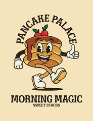 Vintage style cartoon mascot of a cheerful stack of pancakes walking and giving a thumbsup. Topped with dripping syrup and cherries 