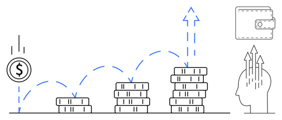 Financial growth concept. Illustration stacked coins, upward arrows, and a wallet signifying financial growth. Great for investment-related content, personal finance, savings, business success