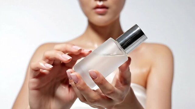 Young woman with glowing skin holding a bottle of essence or facial toner for her daily routine