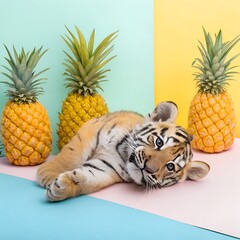 A tiger cub playing beside ripe pineapples with a colorful clear background