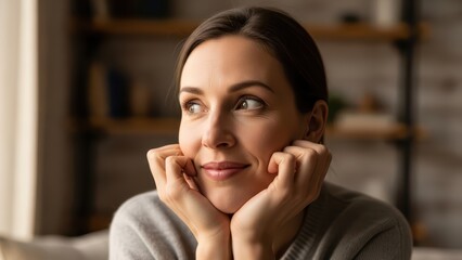 Thoughtful young woman with hands on chin, gazing out, feeling contemplative
