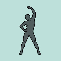 Man stretching arm and leg for exercise.