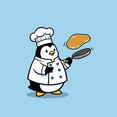 Penguin Chef Flipping Pancake Cartoon Illustration.