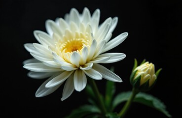 White chrysanthemum flower with yellow center blooms, petals open. A small green plant bud slowly opens beside it. Both plants stand out against dark black background. New life and beauty are present.