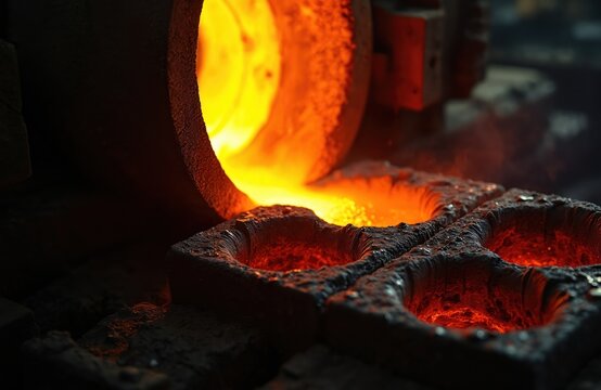 Molten steel pours from crucible into molds. Hot metal forms into rough shapes in industrial foundry. Extreme heat glows orange in dark factory.