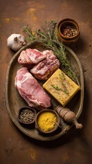 Assorted pork cuts and polenta, arranged for pomana porcului, on a brown backdrop, dish from Moldova, food photo, template for social media, digital ad, web banner, mobile wallpapers, greeting card