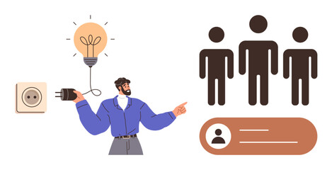 Man plugs cord into outlet, lighting bulb. Silhouettes of 3 people represent teamwork. Profile icon shows user identification. Ideal for innovation, collaboration, leadership, user focus