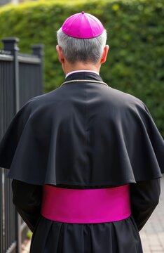 Rear portrait reveals bishop in cassock with purple sash. Prelate wears zucchetto cap and walks near fence, bush. Clergyman represents faith, religion, catholicism and christianity in uniform.