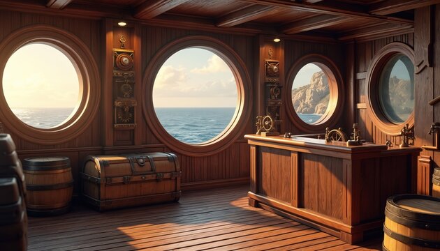 Interior of old ship wheelhouse with ocean view through round windows. Nautical instruments, wooden construction, barrels create maritime atmosphere. Sunlight illuminates space with wooden details,