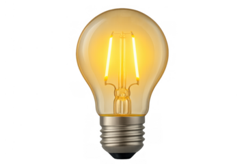 Illuminated led light bulb glowing with warm yellow light, symbolizing energy, idea, innovation, and electricity on transparent background