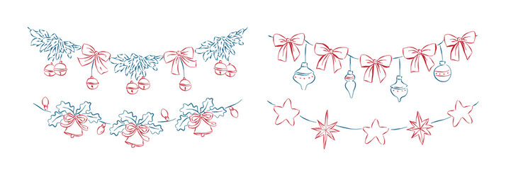 Whimsical hand-drawn Christmas garlands set. Decorative Christmas border with Christmas ornaments.. Happy holiday greeting, invitation vector card, illustration for celebratory event announcement