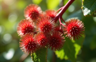 Obraz premium Close view shows spiky red seed pods of a castor oil plant on a branch. Ricinus communis fruits grow in garden. Flora blooms outdoor in sunshine during spring season.
