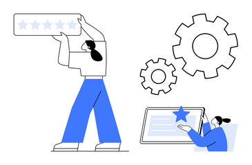 Customer experience, feedback collection, quality improvement, rating systems, process optimization, teamwork. Person lifting a five-star bar and another with a tablet and gears. Customer experience