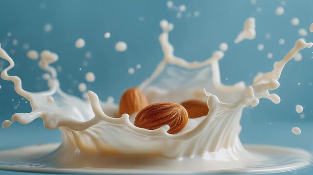 Almonds splashing into white liquid against a soft blue background with droplets frozen mid air