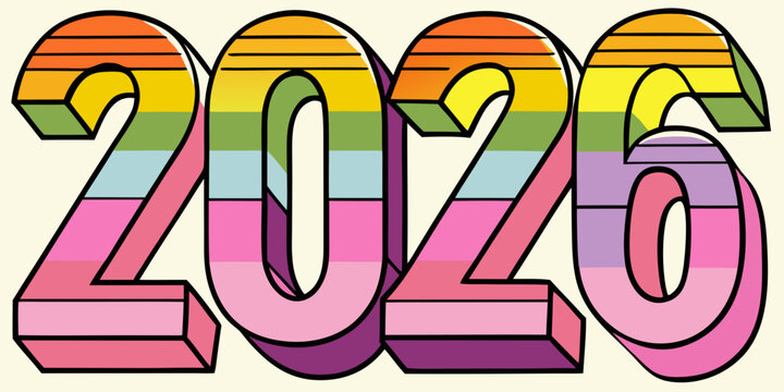 Retro style 3d numbers 2026 in vibrant rainbow colors with bold black outlines and a cream background