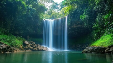 Fototapeta premium Lush rainforest frames the cascading waterfall, creating a tranquil tropical paradise scenery