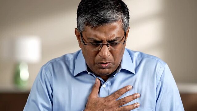 Man Experiencing Chest Pain, Gasping for Air, Indicating Heart Problems and Physical Unease