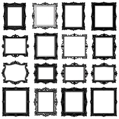 Assortment of ornate, black picture frames with various decorative designs