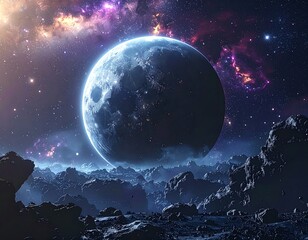 A large planet in a nebula-filled galaxy, over a rocky foreground