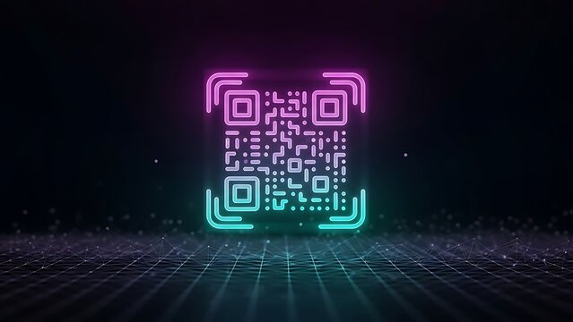 Vibrant neon QR code glowing scan symbol on digital network background technology. - Powered by Adobe