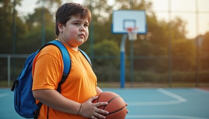 Overweight teenager with backpack holding basketball on outdoor court. Teenager with chubby cheeks wearing orange t-shirt. Teenager standing on blue basketball court with hoop in background.