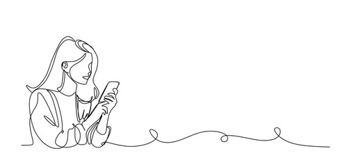Continuous line art of a young woman with tied hair sitting while playing with her smartphone. Vector illustration
