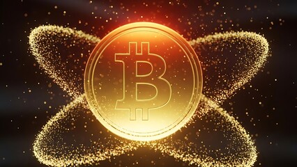 Golden bitcoin coin with dynamic glowing particles and radiant digital aura crypto.