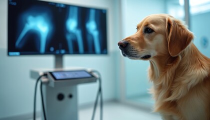 Veterinary x-ray imaging of golden retrievers joints. Advanced diagnostic technology potential degenerative disease. Focused view on canine musculoskeletal health, veterinary care innovation,