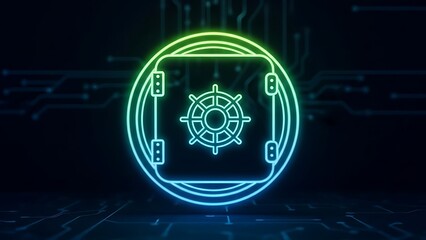 Cybersecurity guardian illuminating digital safe symbol on high-tech circuit background.