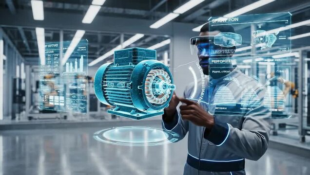 Man wearing augmented reality headset interacts with 3D hologram of electric motor in modern factory with robotic arms
