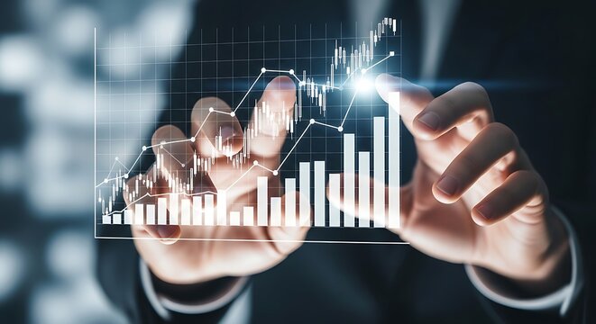 Businessman interacting with digital financial chart and data visualization interface - Powered by Adobe