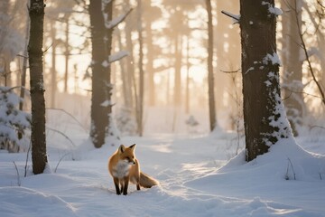 Obraz premium Red fox standing in a snowy forest during winter sunrise