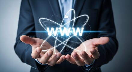 Professional showcasing web development expertise with glowing WWW symbol in hands, highlighting website design and internet connectivity innovation