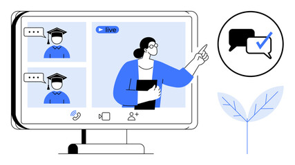 Teacher guiding students on live video call, chat icon with checkmark, and decorative leaf. Ideal for e-learning, education, remote work, communication, webinars digital training teamwork. Simple