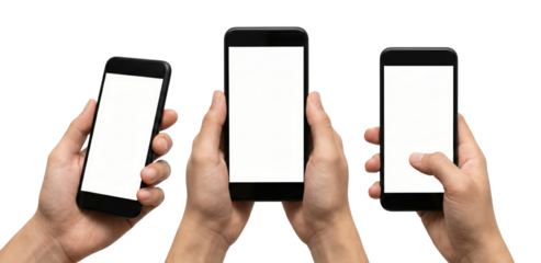Multiple hands holding modern smartphones with isolated white screens for app promotion