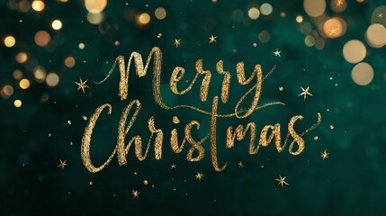 Gold glittery merry christmas text on a dark green background with bokeh lights