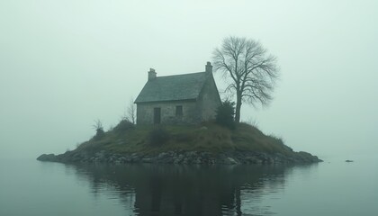 Old stone house on small island surrounded by calm water and thick fog. Bare tree stands next to dwelling. Misty atmosphere over lake or sea.