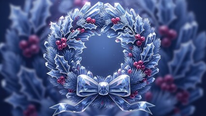 Festive Holiday Geometric Blue Metallic Wreath with Pine Branches
