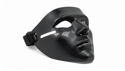 Enigmatic black facial mask symbolizing concealed identity, anonymity, or mystery, captured in a clean studio setting against a white backdrop