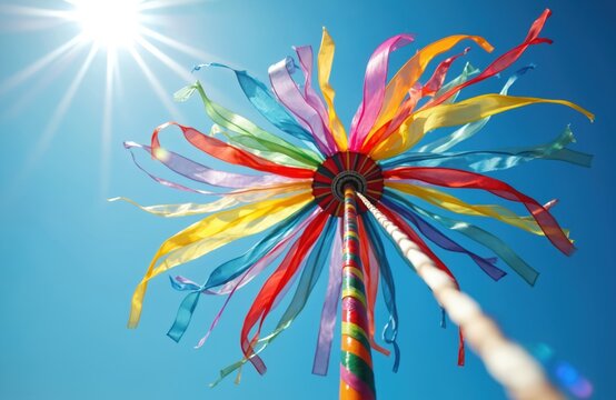 Colourful maypole with rainbow ribbons blowing in wind against sunny blue sky. Low angle view of joyful spring folk festival. Custom of May Day dancing, traditional pagan celebration with vibrant